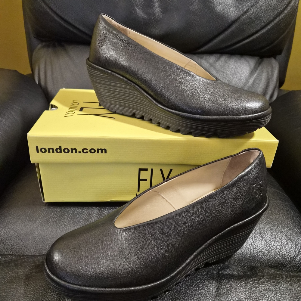 Fly London Black Leather Wedge Shoes